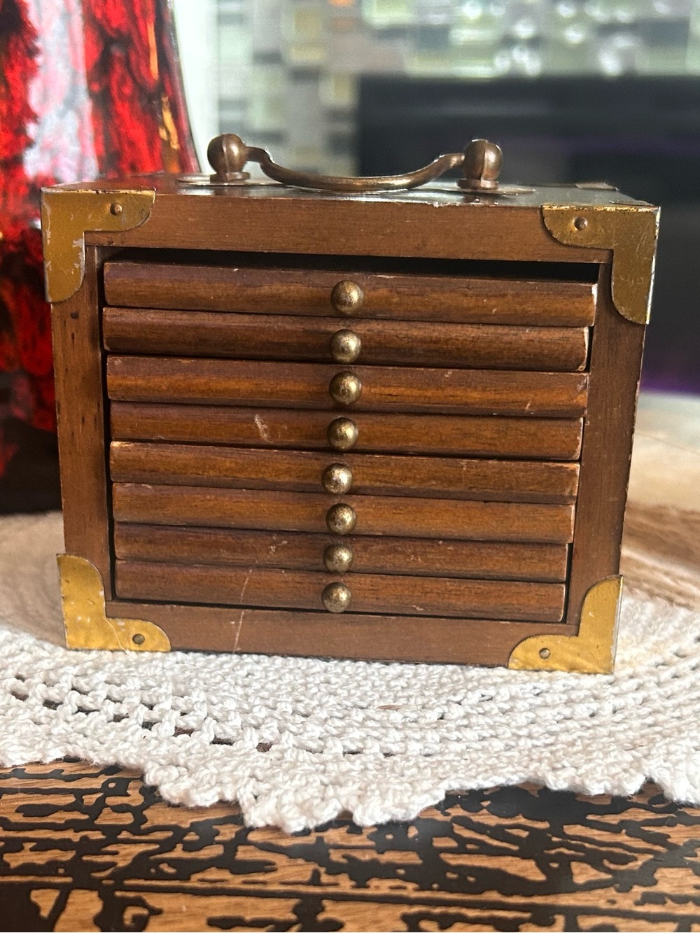 Vintage Wooden Coaster Set of 8 in Brass Trimmed Case | Cork Drink Coasters MCM